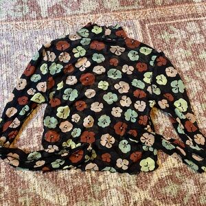 Wildfang Black Top with Green and Brown Floral Design